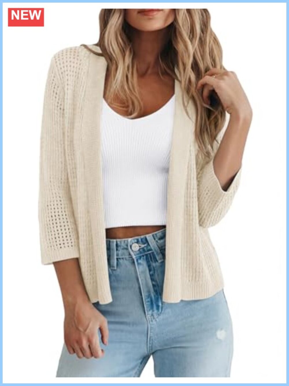 LOMON Womens Openwork Knit Shrug Cardigan 3/4 Sleeve Open Front Sweater